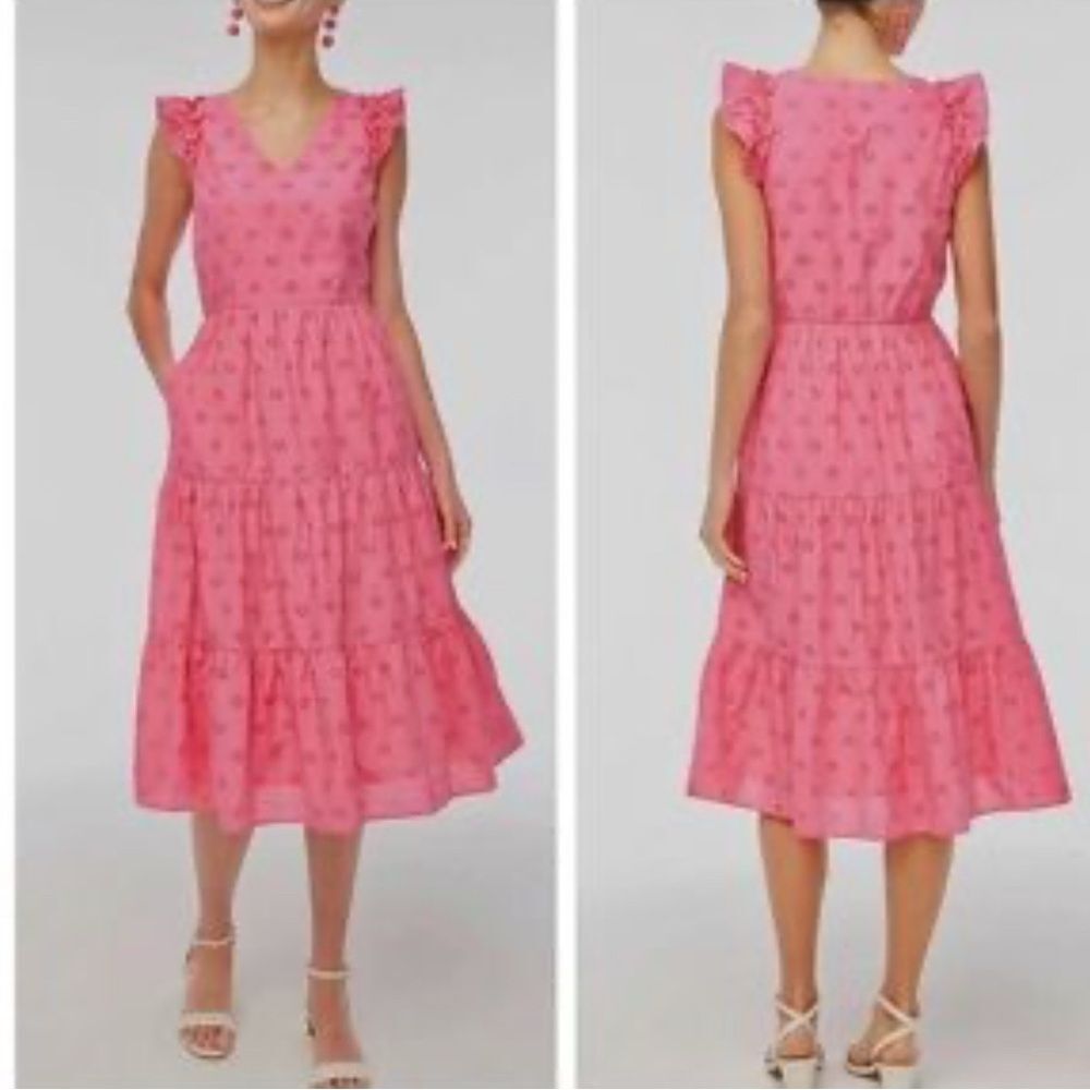 J.Crew tropical azalea pink eyelet layered cotton midi dress with pockets size 2